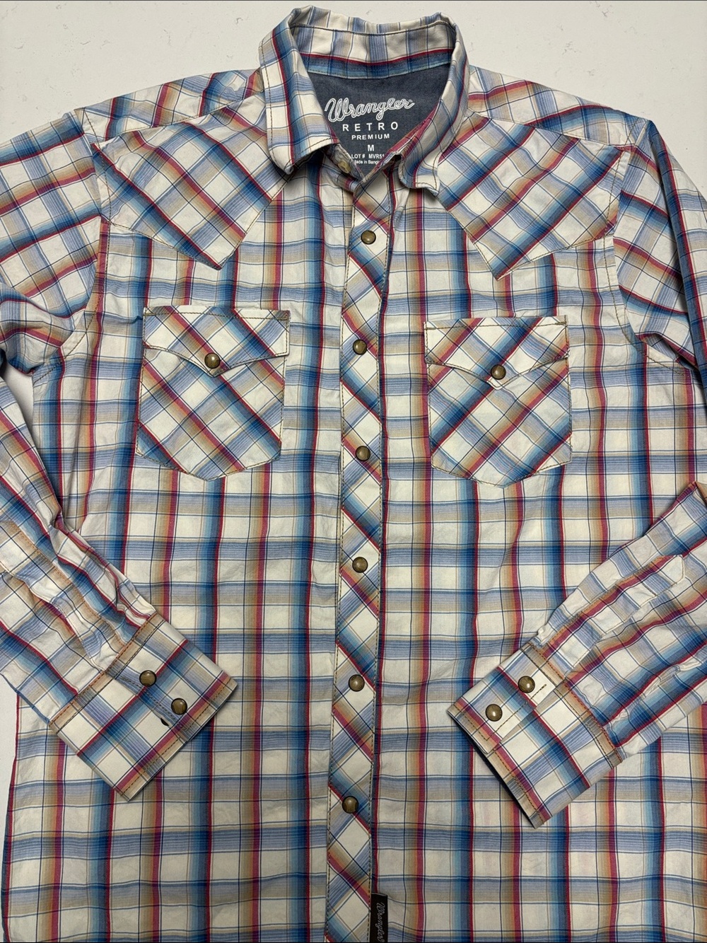 Wrangler Retro Cream, Blue & Red Plaid Western Shirt